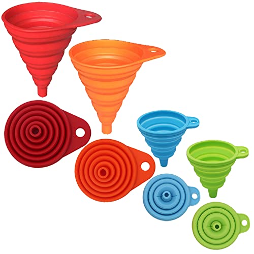 Kongnai Kitchen Funnel Set 4 Pack, Small And Large, Kitchen Gadgets Accessories Foldable Silicone Collapsible Funnels For Fillin