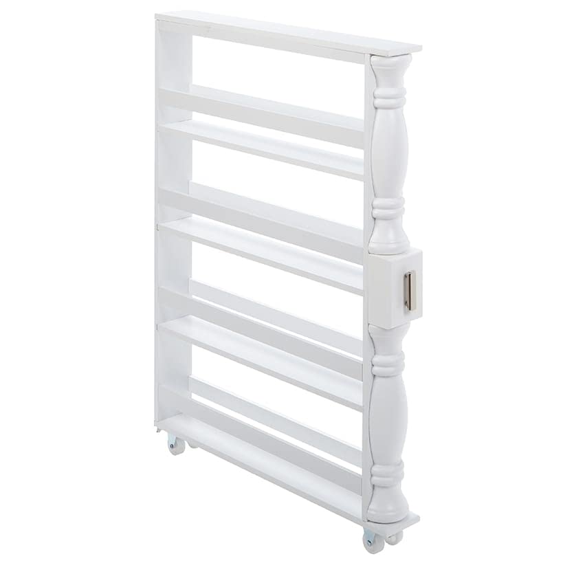 The Lakeside Collection Slim 4 Tier White Wooden Storage Rack Cart On Wheels For Small Spaces, Kitchen, Bathroom Laundry Room Or