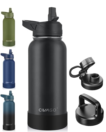 CIVAGO 32 oz Insulated Water Bottle With Straw  Stainless Steel Sports Water Cup Flask with 3 Lids (Straw  Spout and Handle Lid)  Wide Mouth Travel Thermo Mug  Midnight Black