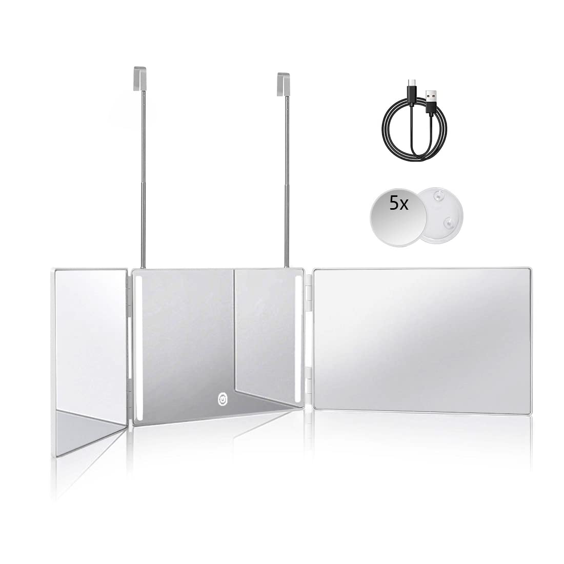 Hieey 3 Way Mirror For Hair Cutting With Led,360 Trifold Mirror With Height Adjustable Telescoping Hooks,And 5X Magnification Mi
