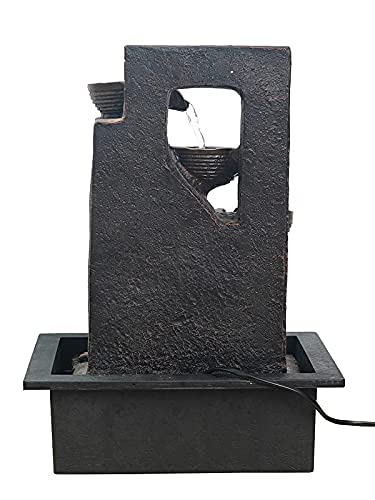 CHRONIKLE Polyresin Table Top Black 4 Diya Steps & Green Leaf Design Indoor Waterfall Fountain for Home Decor with LED Lights &