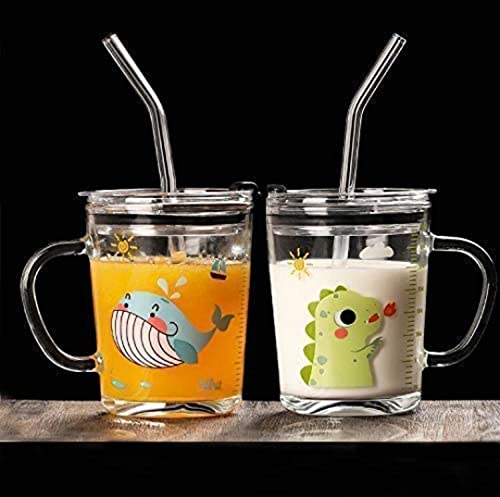 Kikiluxxa Cartoon Print Creative Milk Glass Sipper Cup/Mug With Handle And Spill Proof Lid And Straw Tumbler  Random Design (Tr