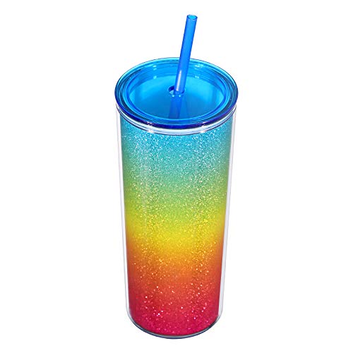 Home Tune Rainbow Tumbler With Straw, Sand Flow Glitter Double Wall Acrylic Cup Tumbler, 21 Oz / 640Ml (Blue)
