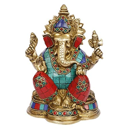 Artvarko Brass Sitting Ganesha With Multicolor Stone Handwork Ganpati Idol For Gift Ganesh Big Size Murti Home Decor Shop Entran