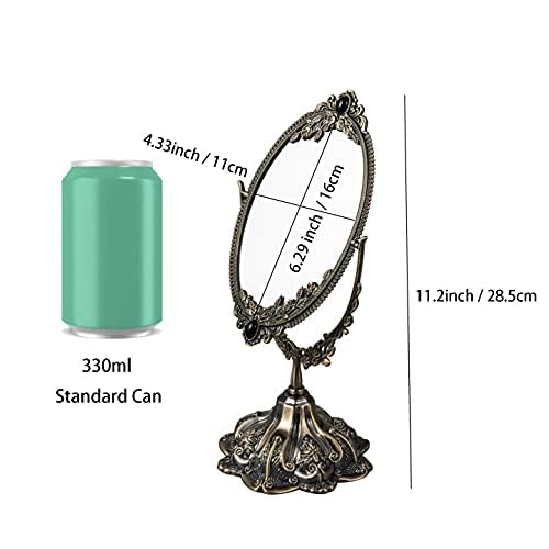 Feyarl Small Metal Vintage Makeup Mirror Floral Tabletop Oval Vanity Swivel Double Sided Mirror With Stand Elegant Decorative Fo