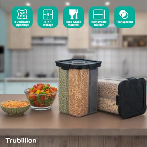 Trubillion Splitbox 4-Section Kitchen Food Storage Container,2000Ml Bpa-Free Transparent,Black Lid,Removable Divider,Freezer Saf