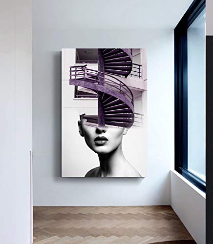 Looife Beauty Potrait With Abstract Stairs Pattern Canvas Wall Art, 12X16 Inch Body Art Giclee Prints Wall Decor For Living Room