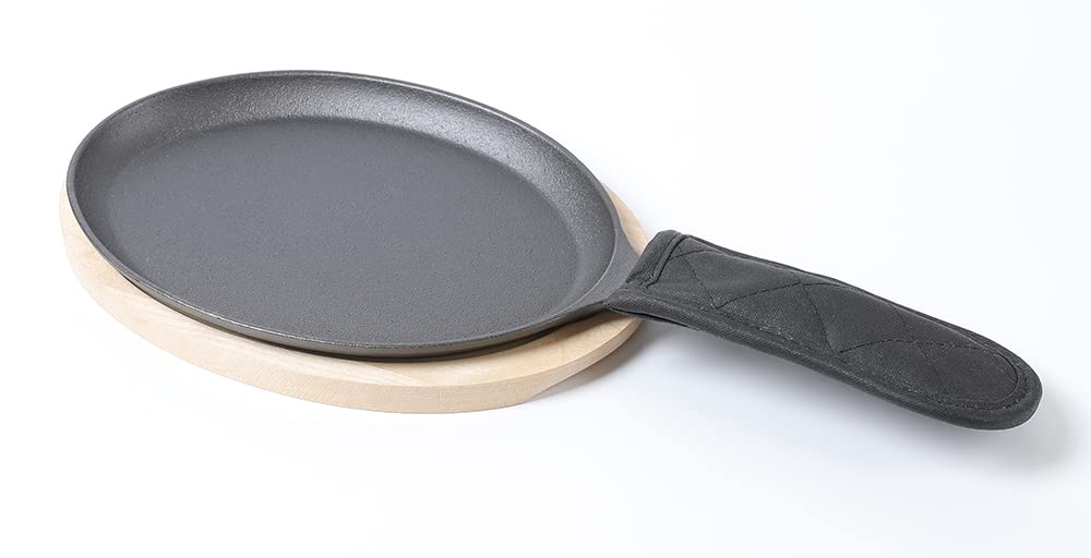 Hawok Cast Iron Fajita Plate Sizzler Pan Set With Wooden Tray And Handle Holder, Pre-Seasoned Cast Iron Skillet With Wooden Base