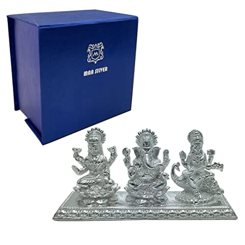 Maa Silver Pure Silver Lakshmi Ganesha Saraswati Trimurti Bis Hallmarked Solid Idol With Base Perfect For Gifting & Pooja Use (9