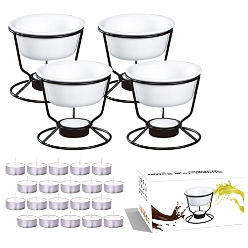 Luvan 4Pcs Fondue Pot Set For Chocolate Butter Cheese, 5Oz Butter Warmer For Seafood With 20 Tealight, Ceramic Bowl Oven Microwa
