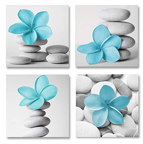 Genius Decor-Modern Bathroom Wall Art Blue Grey Zen Flowers And Pebble Stone Aqua Bedroom Canvas Art For Decoration (Blue)