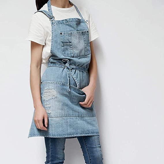 Jowcud Denim Apron With 5 Pockets For Cooking Kitchens,Hairstylist Aprons For Women Men,Adjustable Bib Jean Apron For Arts Garde