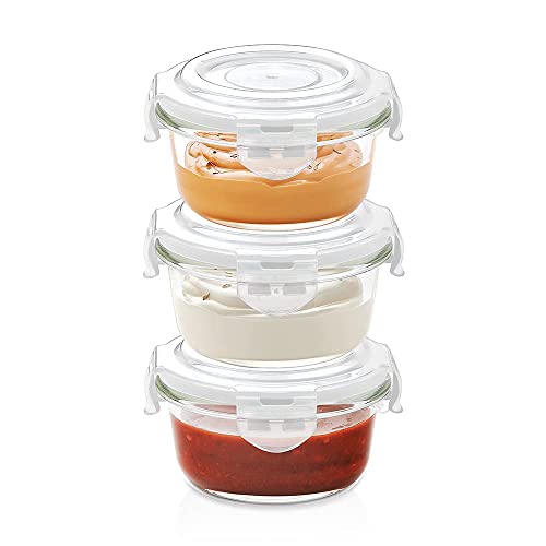 Borosil Klip N Store Glass Storage Containers For Kitchen With AirTight Lids, Microwave & Oven Safe, Round, Set of 3 (240 ml ea