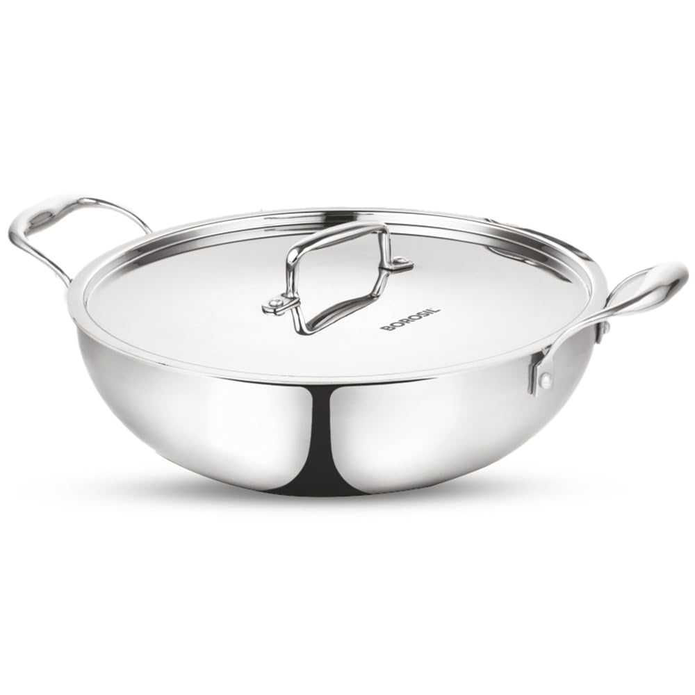 Borosil Cookfresh 1.6 L Tri-Ply Stainless Steel Kadhai With Lid | Gas, Induction Compatible | Even Heat Distribution | Ss304 Foo