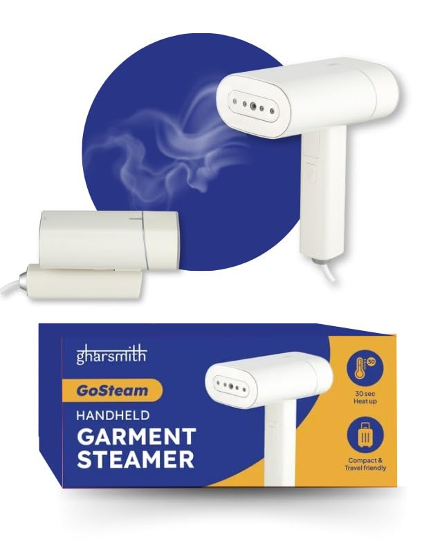 Gharsmith Garment Steamer For Clothes, Gosteam Fast Iron Press, Powerful 1300Watt, 30 Sec Fast Heating, Compact & Foldable, 12 M
