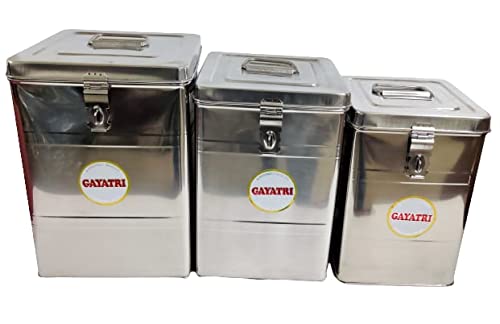 Stainless Steel Square Containers Set | 3 Pieces Canisters For Grain Flour Storage  5 Kg, 10 Kg, 15 Kg
