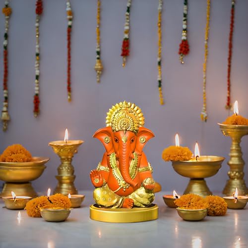 Signamio Handcrafted Orange Ganesha Idol For Car Dashboard Item: Ganesh Ji, Ganpati Bappa Murti For Home Decor - Exquisite Car G