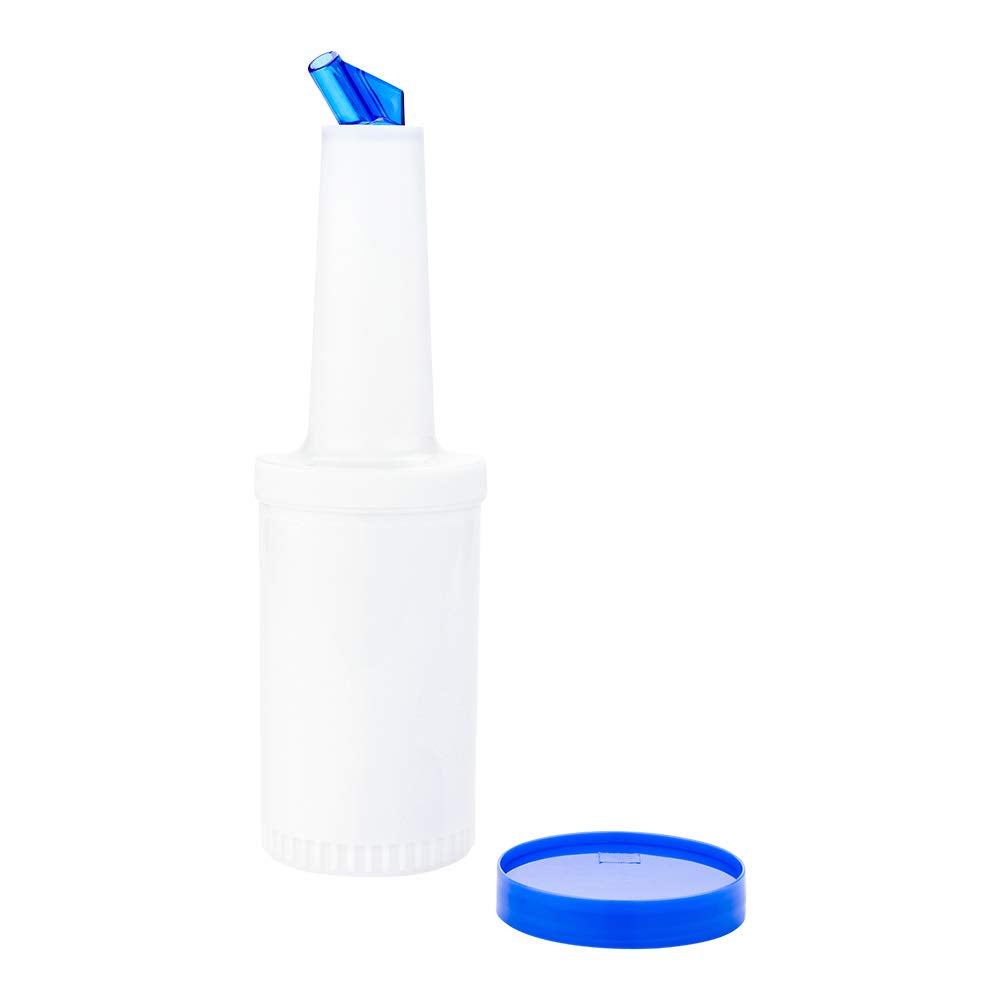 Restaurantware 1 Qt Plastic Quick Pour Storage Container Bottle - With Blue Spout And Lid - Bar Storage Bottle - 3 1/2'' X 3 1/2