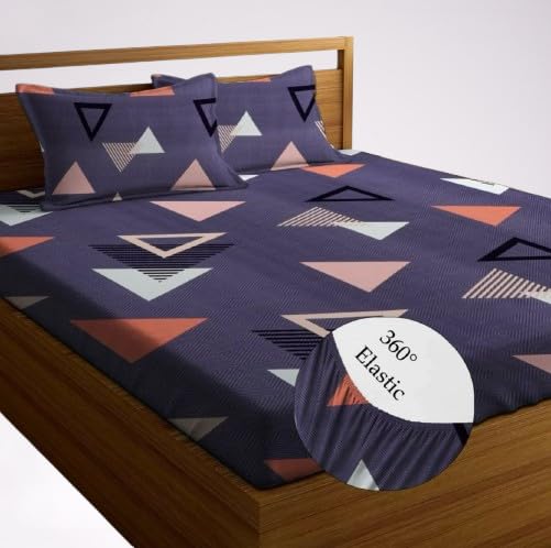 New Town Cotton Feel Glace Cotton Elastic Fitted Printed King Size Double Bed Bedsheet With 2 Pillow Covers And Fits Upto 8 Inch