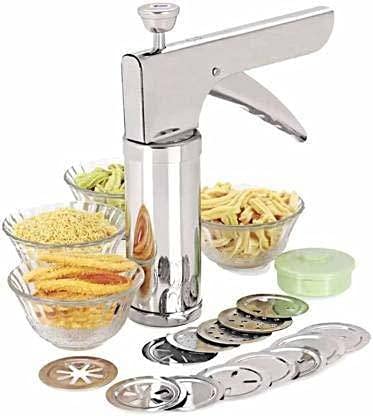 D & S Stainless Steel Sev Chakli Maker - Kitchen Press, 7.5" Handle, Silver, Model SY00099