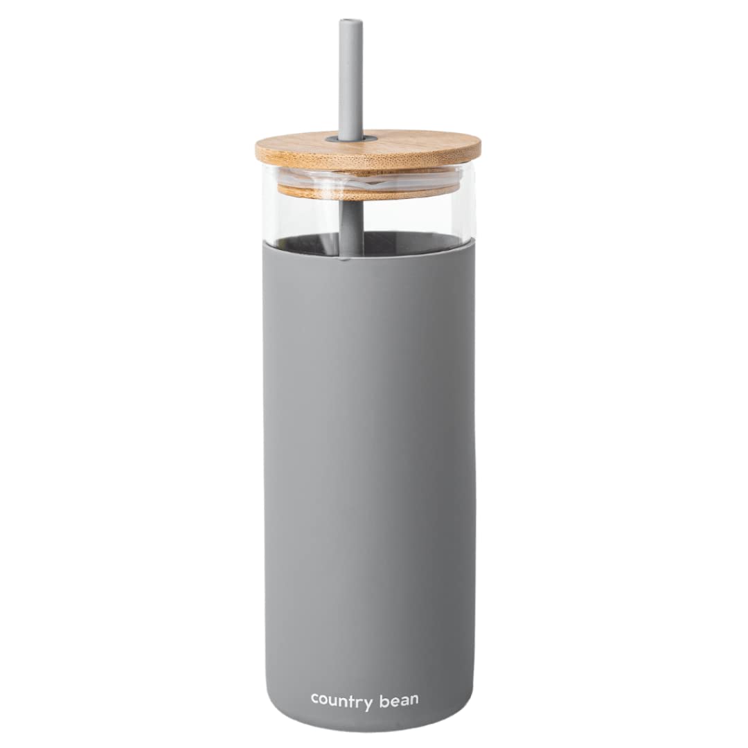 Country Bean Tumbler For Coffee With Lid 480 Ml | Glass Tumbler With Silicon Straw & Bamboo Lid | EcoFriendly & Sustainable The