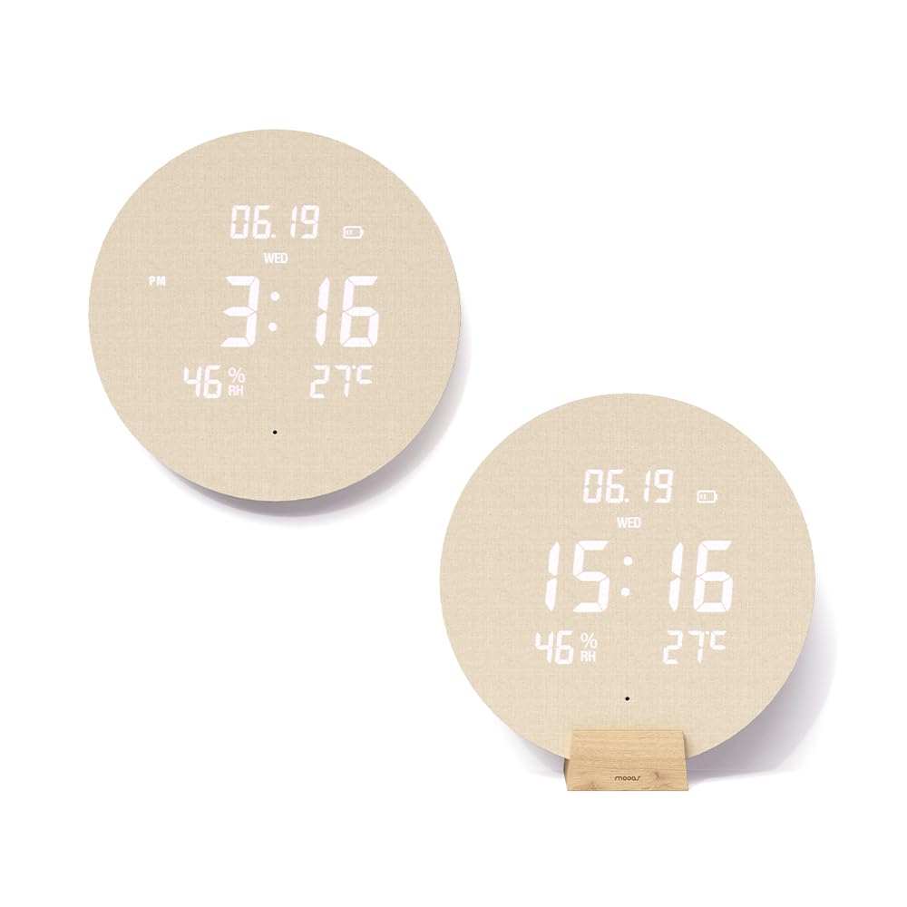 Mooas Wood Moon Cordless Digital Led Wall Clock, Time Week Temperature & Humidity, Sound Sensor-Auto Brightness, Modern Dcorativ