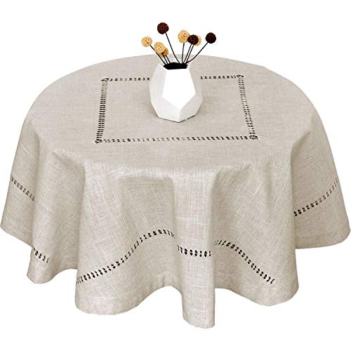Grelucgo Handmade Double Hemstitch Natural Tablecloth, Round 72 Inch