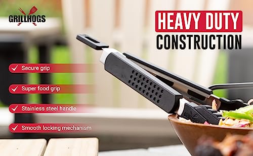 Grillhogs 9-Inch Kitchen Tongs Your Everyday Tong For Cooking, Dishwasher Safe, Stainless Steel + Soft Touch Rubber Handle, Non-