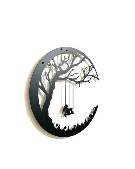 HIRVALL Metal Tree of Life Wall Art Sculpture, Young Woman Tree of Life Wall Art Decoration, Black Moon Wall Silhouette Decor fo