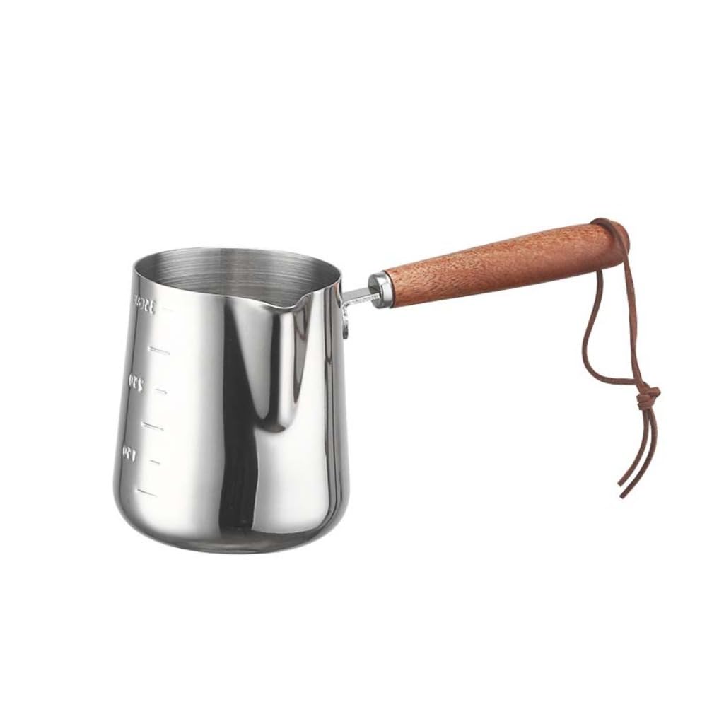 Zaoalife Wood Handle Milk Saucepan, 225g Capacity, Stainless Steel, Silver, Coffee Pot with Spout, No Lid, Includes 1pc Coffee P