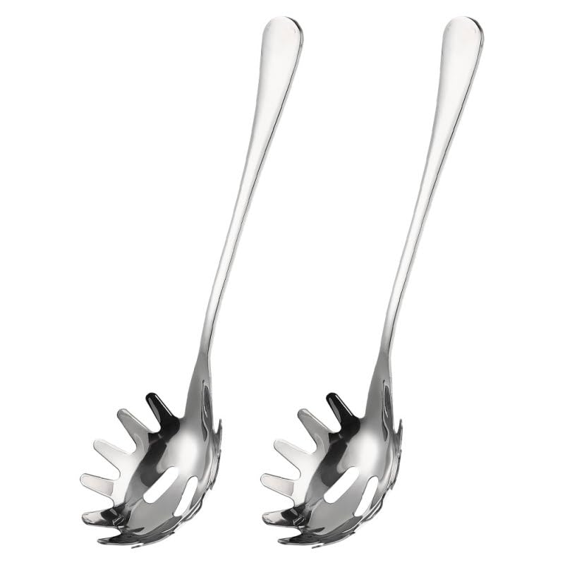 ULTECHNOVO 2PCS Pasta Server Stainless Steel Spaghetti Spoon, 9.4-Inch Long Handle Noodle Ladle with Teeth and Drainage Hole, Pr