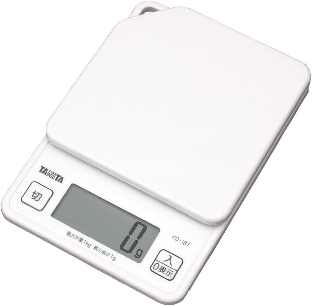 Tanita KD-187 WH Cooking Scale, 0.3 oz (1 g) Units of Up to 2.2 lbs (1 kg), Includes Hook Holes for Convenient Storage, White, K