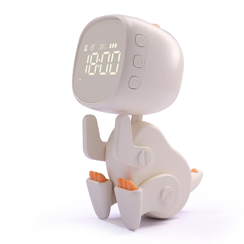 Jomparis Digital Dynamic Dinosaur Bedroom Alarm Clock With Timer Night Light Gift For Kids Girls Boys Students-Beige