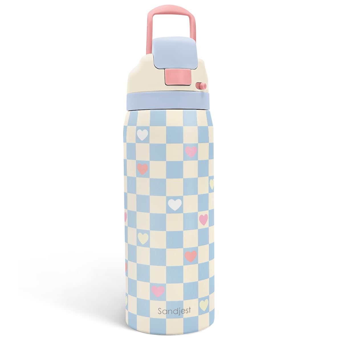 Checkered and Heart Stainless Steel Water Bottle, Vacuum Insulated, Push-Button Lid, 32 oz, Gifts for Women Girls Friends Teens 