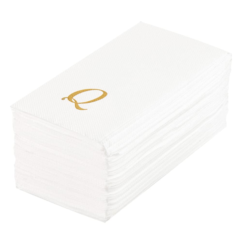 Luxenap 15.8 X 7.9 Inch Linen-Feel Guest Towels, 50 Lettered Hand Towels - Gold Letter 'Q', Cursive Font, White Paper Dinner Nap