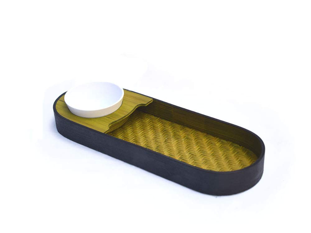 Kadam Haat Bamboo Handmade Chip & Dip Snacks Tray With Bowl, Ideal For Serving Snacks & Platter With Sauce|Starters, Nashta, Buf