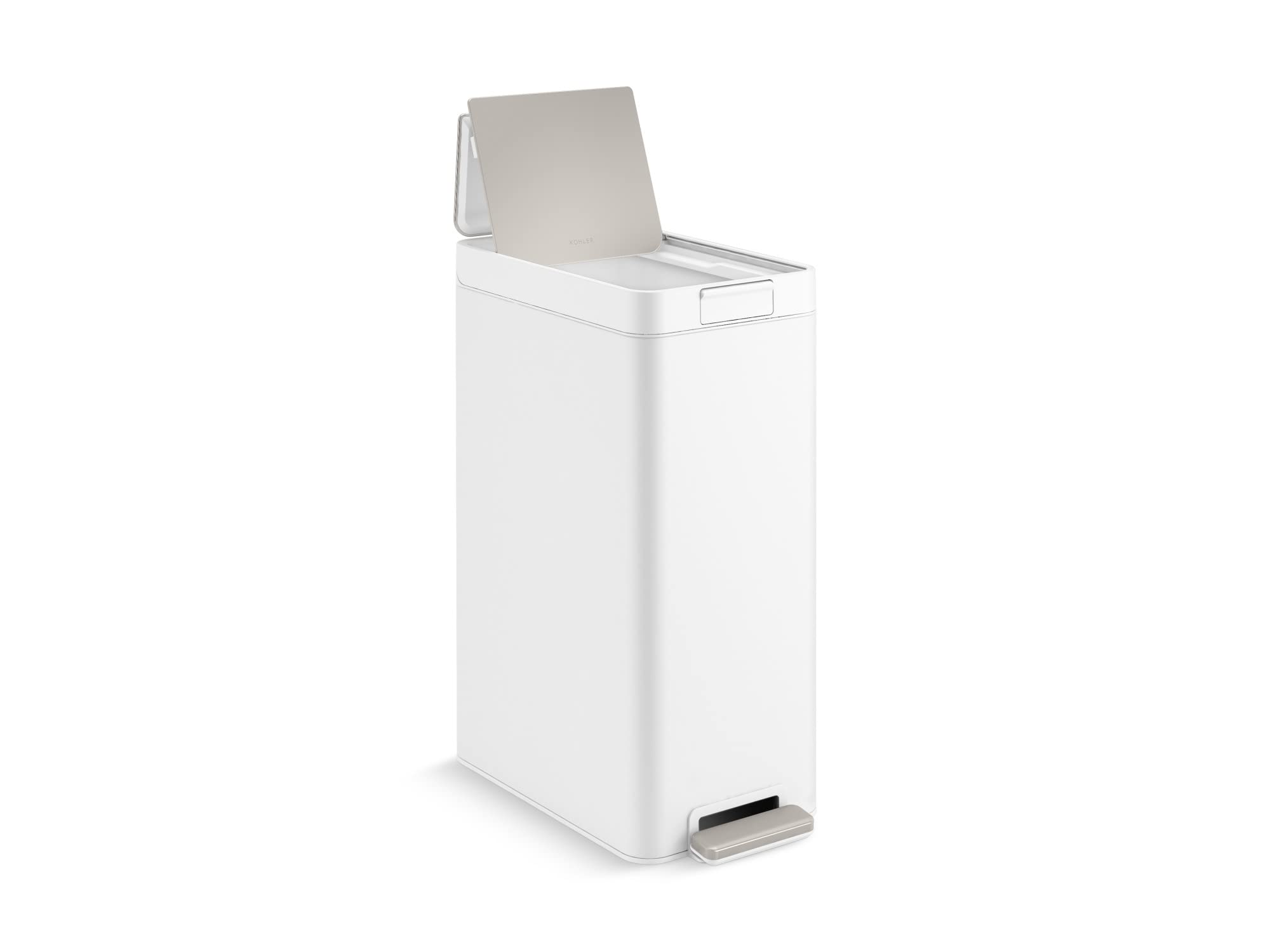 Kohler 23826-Stw 13 Gallon Elongated Kitchen Step Trash Can With Foot Pedal, Soft Close Lid, White Stainless Steel