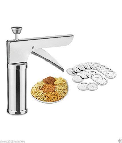 D & S Stainless Steel Sev Chakli Maker - Kitchen Press, 7.5" Handle, Silver, Model SY00099