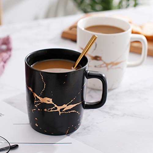Coffeezone 12 Oz Matte Ceramic Marble Tea Coffee Mugs Luxury Gold Inlay (Black, 4 Mugs Gold Marble)