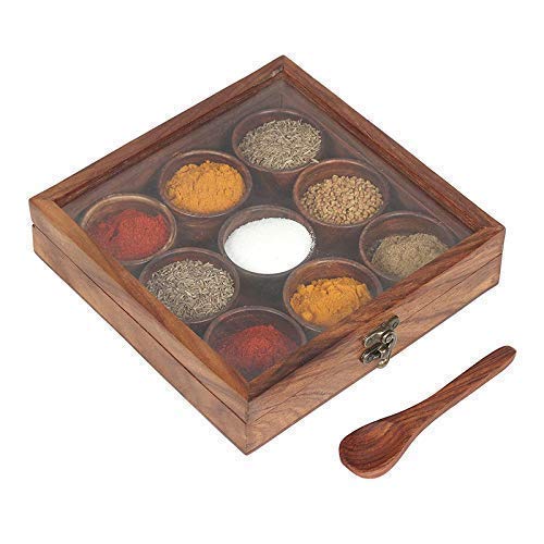 As Wooden Handicraft Handmade Wooden Spice Box With 9 Round Container | Masala Box| Spice Rack| Pice Storage Racks Jars| Lid Dec