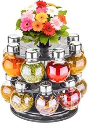 Moral 360 Degree Revolving Round Shape Transparent Pack Of 16 Jar Spice Rack/Container (Black)