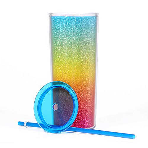 Home Tune Rainbow Tumbler With Straw, Sand Flow Glitter Double Wall Acrylic Cup Tumbler, 21 Oz / 640Ml (Blue)