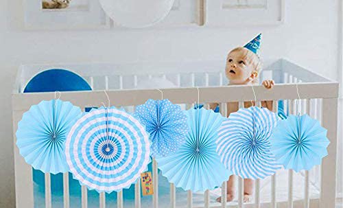 Western Era Paper Fan for Decoration on Baby Shower, Photo Booth, Wedding, Birthday Party (Pack of 6) (Blue)