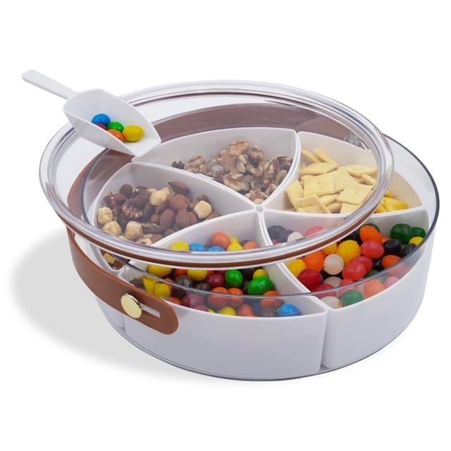 Divided Snack Tray With Lid, Serving Tray With Handle, 5 Compartments, Mini-Scooper Included,Storage Container For Nuts, Candy,