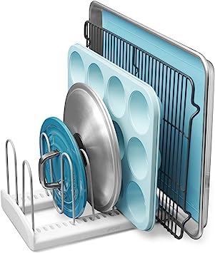 Kitwe More Adjustable Pan And Lid Rack, Pot Lids And Pans Organizer For Kitchen Cabinet Storage, Standard, White