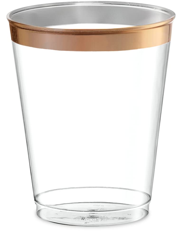 Plasticpro Disposable 8 Oz Crystal Clear Plastic Tumblers With Rose Gold Rim For Party'S & Weddings Pack Of 50