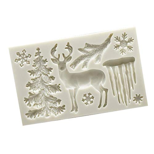 Jafirous 2Pcs Christmas Theme Silicone Mold Elk Snowflake Tree Deer Fondant Dessert Ice Cube Candy Chocolate Mold