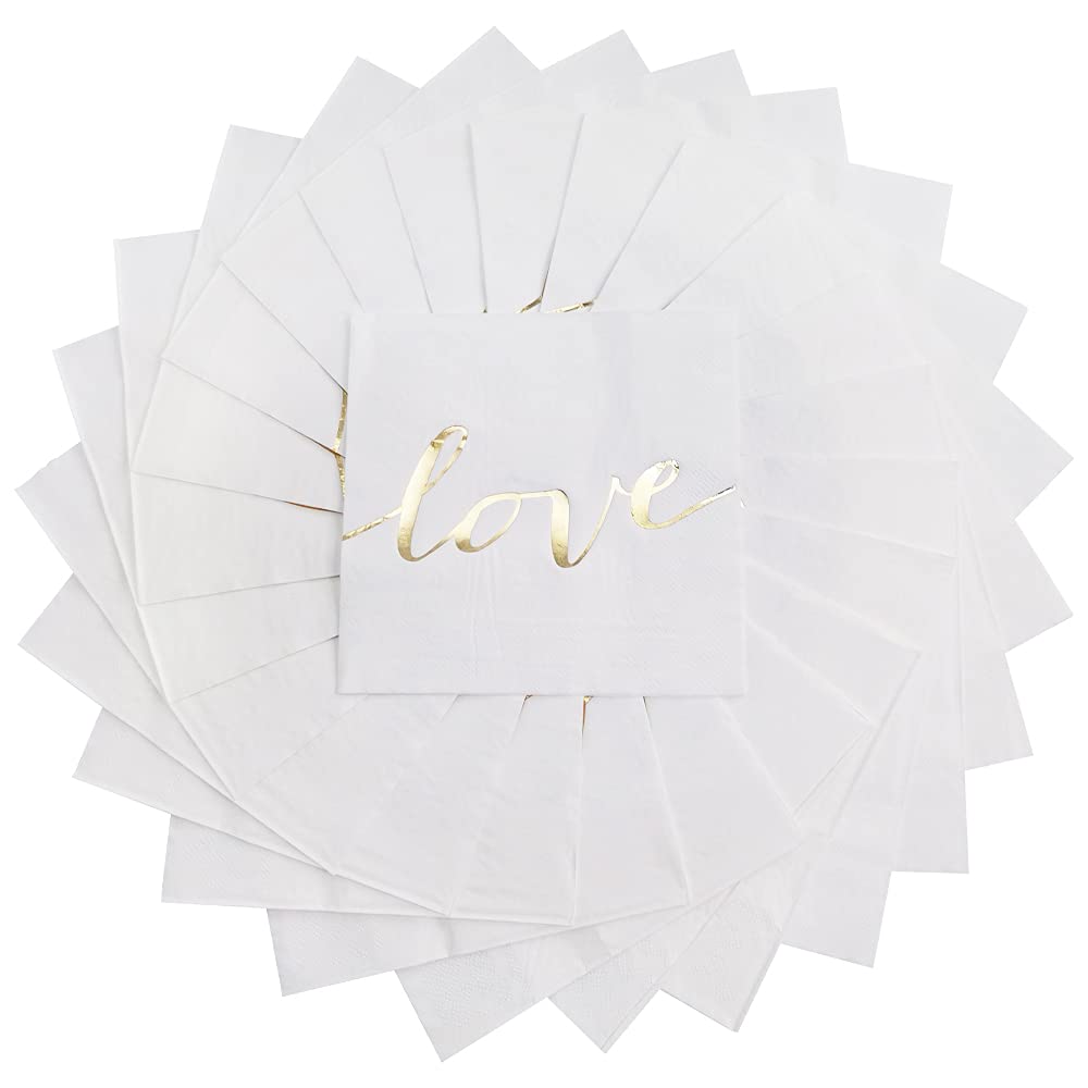 Dulousia White Luncheon Paper Napkins Stamped With Sparkle Gold Love - Folded 6.5 X 6.5Inch For Wedding, Bridal/Baby Shower, Din