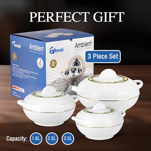 Tmvel Ambiente Food Warmer Hot Pot Set Of Insulated Casseroles 1.2 1.6 And 2.5 Litre (White)