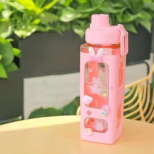 Srwopkray Water Bottle With Straw & Sticker,Kawaii Bear Water Bottle,Large Sport Plastic Portable Square Drinking Bottle For Gir